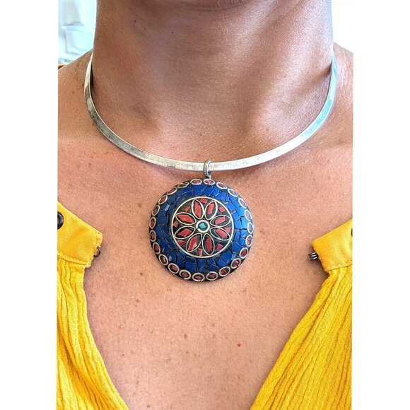 Vintage Mosaic Multicolor Pendant & necklace Handmade Ethnic Bohemian tribal - Picture 7 of 11